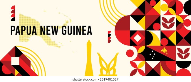 Papua New Guinea national vector banner featuring the flag, dotted map, landmarks, and geometric pattern design