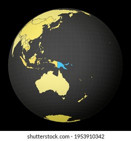 Papua New Guinea on dark globe with yellow world map. Country highlighted with blue color. Satellite world projection centered to Papua New Guinea. Modern vector illustration.