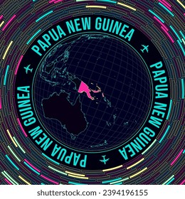 Papua New Guinea on globe. Satellite view of the world centered to Papua New Guinea. Bright neon style. Futuristic radial bricks background. Vibrant vector illustration.