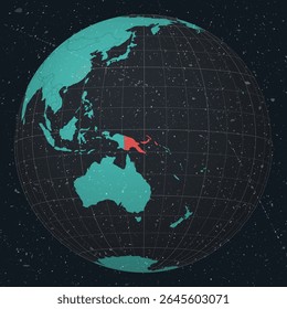 Papua New Guinea on Globe. Vintage look with grunge scratched texture. Country view on world map in Dark Charcoal Turquoise color palette. Papua New Guinea shape on map.