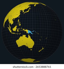 Papua-Nova Guiné no Globo. Vista do país no mapa do mundo em Carvão amarelo brilhante paleta de cores. Papua-Nova Guiné em forma no mapa. Globo com meridianos, paralelos, países, rios e lagos.