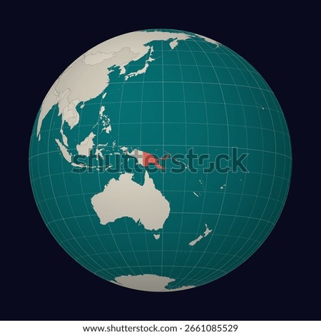 Papua New Guinea on the map. Globe centered to Papua New Guinea. Country location on the world map. Teal and Pale Mint color palette. Globe with countries, meridians and parallels.