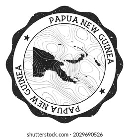 Papua New Guinea outdoor stamp. Round sticker with a map of the country featuring topographic isolines. Vector illustration. Can be used as an insignia, logotype, label, sticker, or badge of Papua New Guinea.