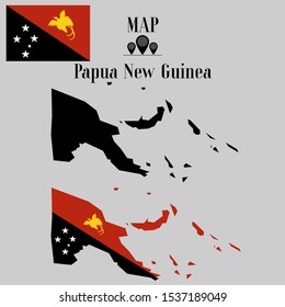 Papua New Guinea outline world map silhouette vector illustration, creative design background, national country flag, objects, element, symbols from countries all continents set. 