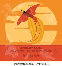 Papua New Guinea. Paradise bird.  Retro styled image. Vector illustration