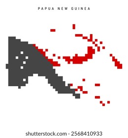 Papua New Guinea pixel flag map icon. 8 bit pixel art Papuan map covered with flag. Flat vector illustration isolated on white background.