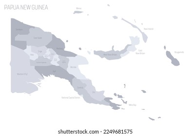 Papua New Guinea political map of administrative divisions - provinces, autonomous region and National Capital District. Grey vector map with labels.