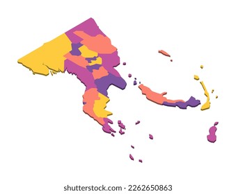Papua New Guinea political map of administrative divisions - provinces, autonomous region and National Capital District. Isometric 3D blank vector map in four colors scheme.