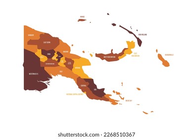 Papua New Guinea political map of administrative divisions - provinces, autonomous region and National Capital District. Flat vector map with name labels. Brown - orange color scheme.