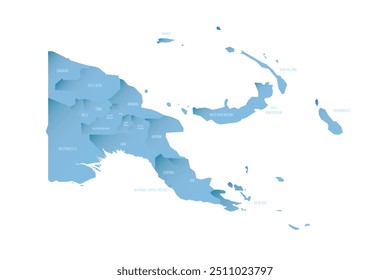 Papua New Guinea political map of administrative divisions - provinces, autonomous region and National Capital District. Shaded vector map with 3D-like blue gradient and name labels