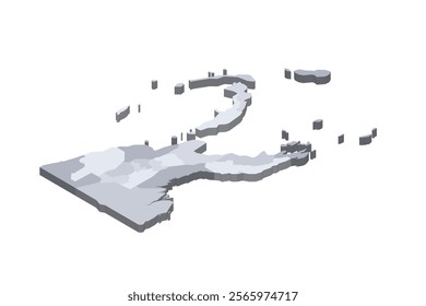 Papua New Guinea political map of administrative divisions - provinces, autonomous region and National Capital District. 3D isometric blank vector map in shades of grey.