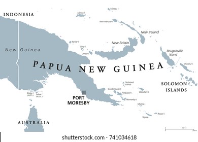 Papua New Guinea political map with capital Port Moresby. English labeling. Independent state on eastern half of island of New Guinea with islands in Melanesia. Gray illustration over white. Vector.