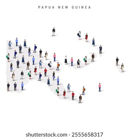 Papua New Guinea population map. Large group of realistic a diverse crowd of people figures in a shape of Papua New Guinea map. Flat vector illustration isolated on white.