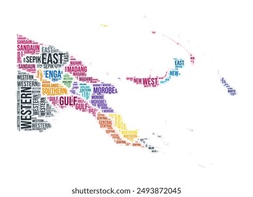 Papua New Guinea region word cloud. Country shape design. Papua New Guinea colored illustration. Region names collage cloud. Vector illustration.
