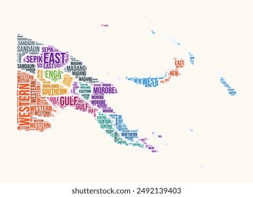 Papua New Guinea regions word cloud. Country logo design. Regions typography style vector image. Papua New Guinea colored text cloud. Elegant vector illustration.