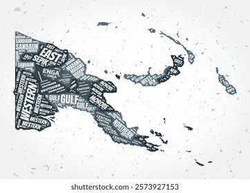 Papua New Guinea regions word clouds. Country shape on textured background. Papua New Guinea design in typographic style. Vibrant vector illustration.