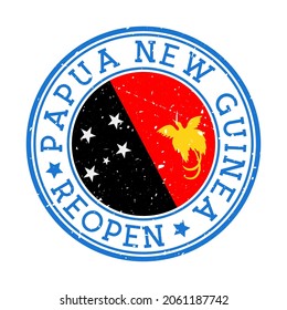 Papua New Guinea Reopening Stamp. Round badge of country with flag of Papua New Guinea. Reopening after lock-down sign. Vector illustration.