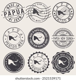 Papua New Guinea Set of Stamps. Travel Stamp. Made In Product. Design Seals Old Style Insignia.	