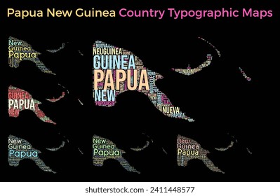 Papua New Guinea. Set of typography style country illustrations. Papua New Guinea map shape built of horizontal and vertical country names. Vector illustration.