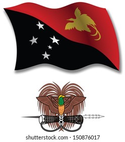 papua new guinea shadowed textured wavy flag and coat of arms against white background, vector art illustration, image contains transparency transparency