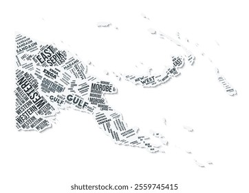 Papua New Guinea shape text cloud. Country border with shadow on white background. Papua New Guinea with regions division in vintage gazette style. Beautiful vector illustration.