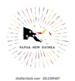 Papua New Guinea sunburst badge. The country sign with map and Papua New Guinean flag. Colorful rays around the logo. Vector illustration.