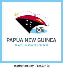 Papua New Guinea Travel, Discover, Capture logo - Vector travel Photographer logo design - Country Flag Travel, Discover and Photgrapher Conceptual logotype - vector illustration