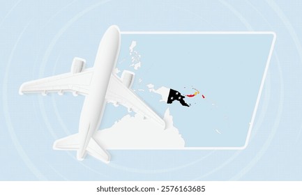 Papua New Guinea Travel Illustration with Plane and National Flag. Ideal for travel agencies, promotional materials, or geographic content related to Papua New Guinea.