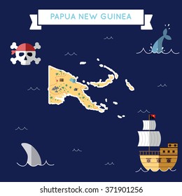 Papua New Guinea treasure map in flat design. Colorful cartoon treasure map of Papua New Guinea with flat design icons of pirate ship and jolly roger. Papua New Guinea flat design vector illustration.