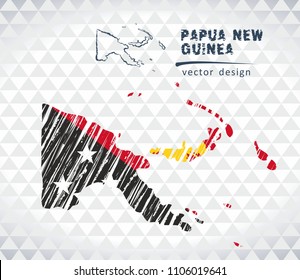 Papua New Guinea vector map with flag inside isolated on a white background. Sketch chalk hand drawn illustration