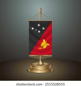 Papua New Guinea Vertical table flag with golden pole on dark gradient background, Template banner vector Illustration