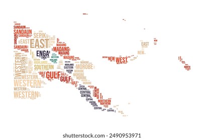 Papua New Guinea Word Cloud. Country shape with region division. Papua New Guinea typography style image. Region names tag clouds. Vector illustration.