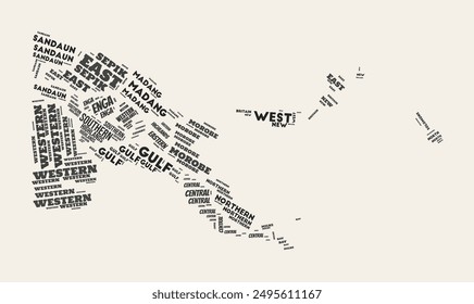 Papua New Guinea Word Cloud. Country with regions division. Papua New Guinea typographic text clouds vector image design. Vintage gazette style country shape image. Beautiful vector illustration.