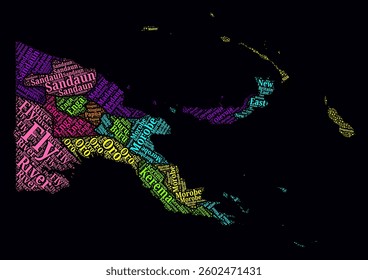 Papua New Guinea Word Cloud. Region names of the country in English language. Bright neon style design on dark background. Papua New Guinea shape with administrative division.