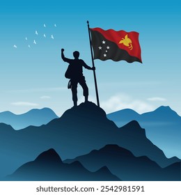Papua New GuineaFlag raised on a mountain peak with clear sky in the background, vector illustration
