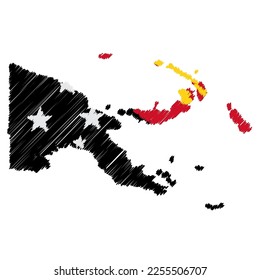Papua New Guineamap color hand drawn sketch. Vector concept illustration flag, scribble map. Country map for infographic, brochures and presentations isolated on white background. Vector illustration.