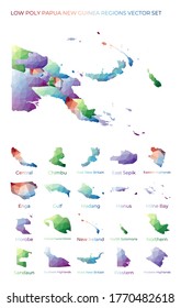 Papua New Guinean low poly regions. Polygonal map of Papua New Guinea with regions. Geometric maps for your design. Amazing vector illustration.