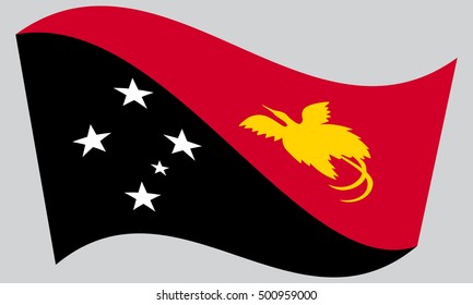 Papua New Guinean national official flag. Papuan patriotic symbol, banner, element, background. Correct colors. Flag of Papua New Guinea waving on gray background, vector