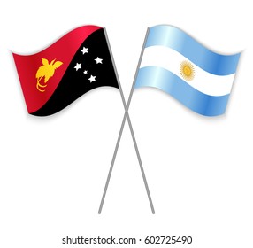 Papuan and Argentine crossed flags. Papua New Guinea combined with Argentina isolated on white. Language learning, international business or travel concept.