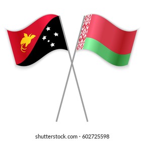 Papuan and Belarusian crossed flags. Papua New Guinea combined with Belarus isolated on white. Language learning, international business or travel concept.