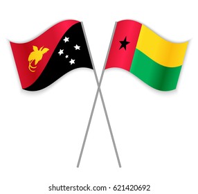 Papuan and Bissau-Guinean crossed flags. Papua New Guinea combined with Guinea-Bissau isolated on white. Language learning, international business or travel concept.