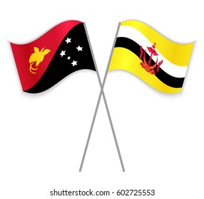 Papuan and Bruneian crossed flags. Papua New Guinea combined with Brunei isolated on white. Language learning, international business or travel concept.