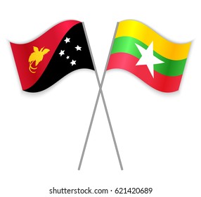 Papuan and Burmese crossed flags. Papua New Guinea combined with Burma isolated on white. Language learning, international business or travel concept.