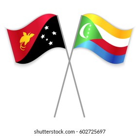 Papuan and Comoran crossed flags. Papua New Guinea combined with Comoros isolated on white. Language learning, international business or travel concept.