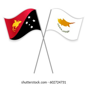 Papuan and Cypriot crossed flags. Papua New Guinea combined with Cyprus isolated on white. Language learning, international business or travel concept.