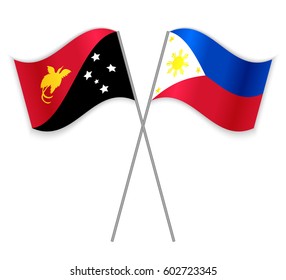 Papuan and Filipino crossed flags. Papua New Guinea combined with Philippines isolated on white. Language learning, international business or travel concept.