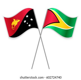 Papuan and Guyanese crossed flags. Papua New Guinea combined with Guyana isolated on white. Language learning, international business or travel concept.