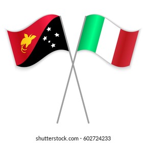 Papuan and Italian crossed flags. Papua New Guinea combined with Italy isolated on white. Language learning, international business or travel concept.