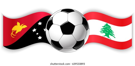 Papuan and Lebanese wavy flags with football ball. Papua New Guinea combined with Lebanon isolated on white. Football match or international sport competition concept.