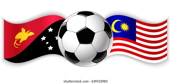 Papuan and Malaysian wavy flags with football ball. Papua New Guinea combined with Malaysia isolated on white. Football match or international sport competition concept.